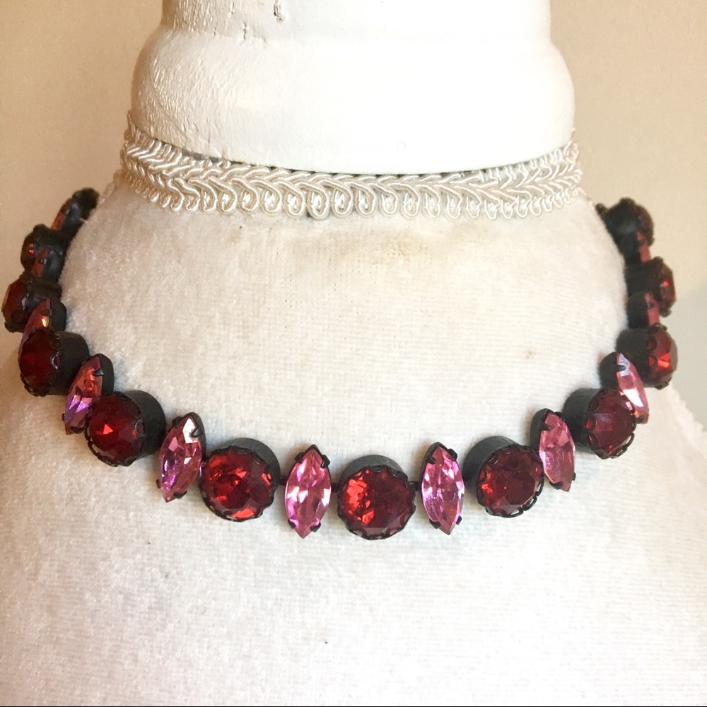 Pink and red crystal rhinestone choker necklace